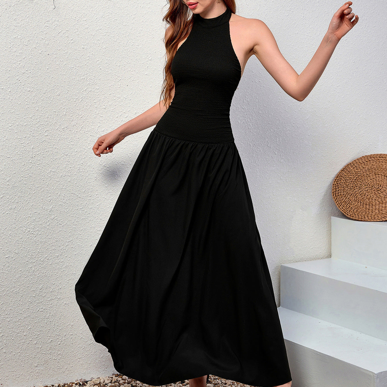 Elegant Halter Knitted Dress Sexy Backless Slim Fit A line Pleated Long Formal Dress by Ragazza