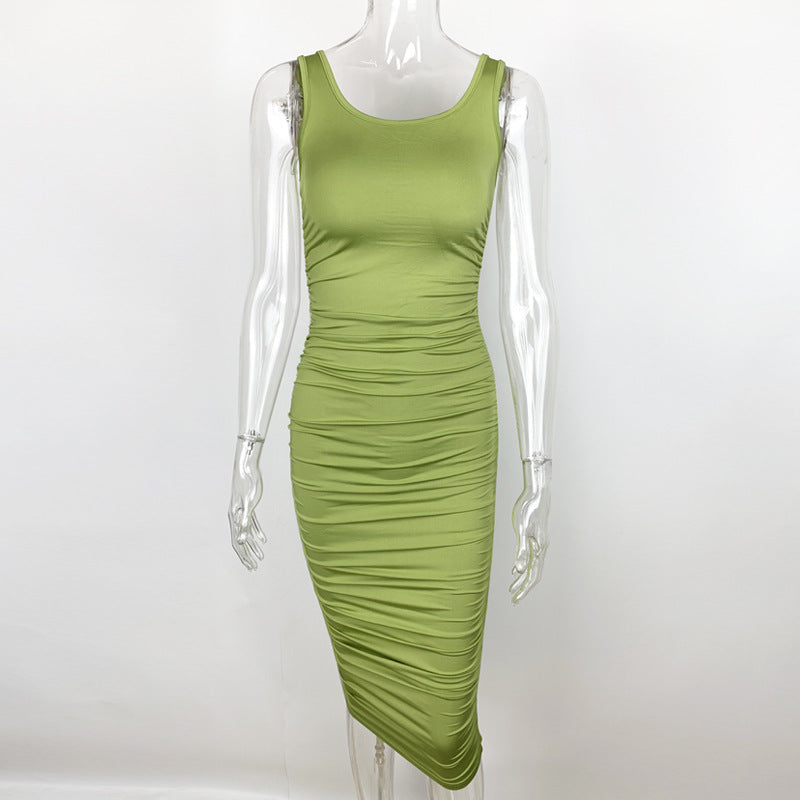 Summer Sexy Women Wear Solid Color Tight Backless Sleeveless Pleated Dress by Ragazza