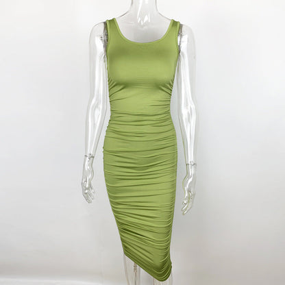 Summer Sexy Women Wear Solid Color Tight Backless Sleeveless Pleated Dress by Ragazza