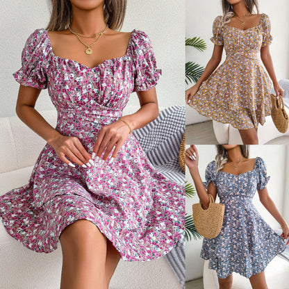 Spring Summer Elegant Floral Lace-up Waist-Controlled Large Hem Dress Women Clothing by Ragazza