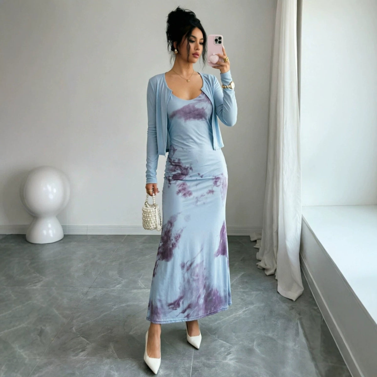 Spring Autumn French Blue Holiday Sexy Wear Slimming Tight Waist Strap Floral Sheath Dress  DestGlow