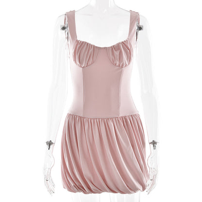 Strap Tube Top Dress Sexy Waist Trimming Solid Color Pleated Sleeveless Dress by Ragazza