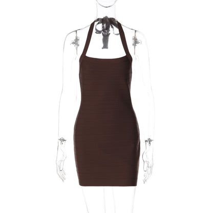 Women Sexy Backless Slim Fit Sheath Solid Color Halter Zipper Dress  DestGlow