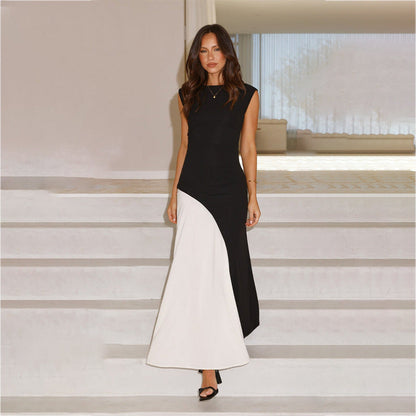 Cross Street round Neck Sleeveless Cinched Patchwork Black White Contrast Color High Waist Dress by Ragazza