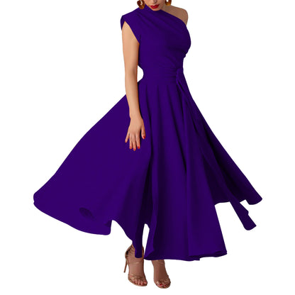 Summer Women Wear Sleeveless Diagonal Collar Solid Color Waist Tight Swing Dress by Ragazza