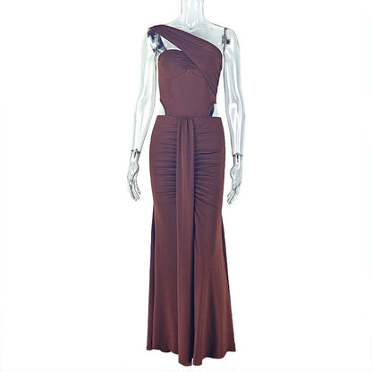 Elegant Women Pleated Solid Color Slim Hip One Shoulder Sexy Sleeveless Maxi Dress by Ragazza