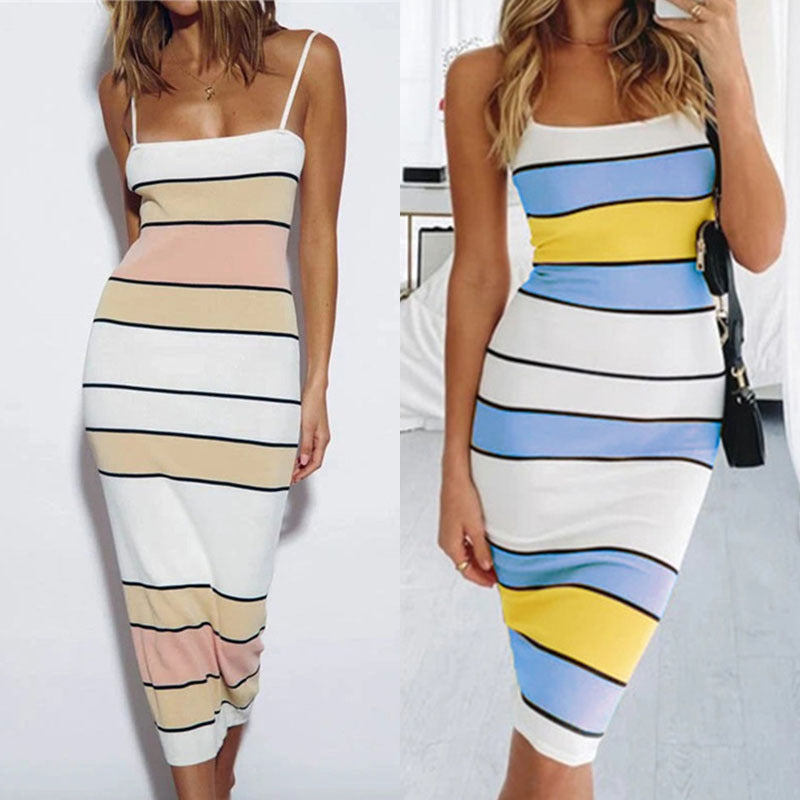 Summer Dress Sexy Strap Contrast Color Striped Sleeveless Tight Dress by Ragazza