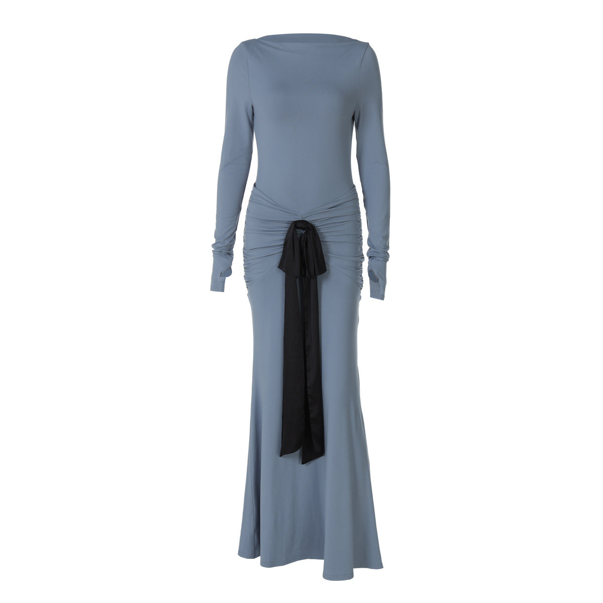 Women Clothing Summer Solid Color Pleated Waist Controlled Lace up Long Sleeve Dress Women by Ragazza