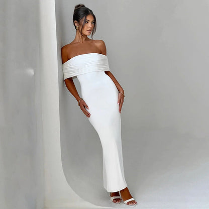 Women Clothing Summer Sexy off Shoulder Backless Bag Hip Pleated Solid Color Dress by Ragazza