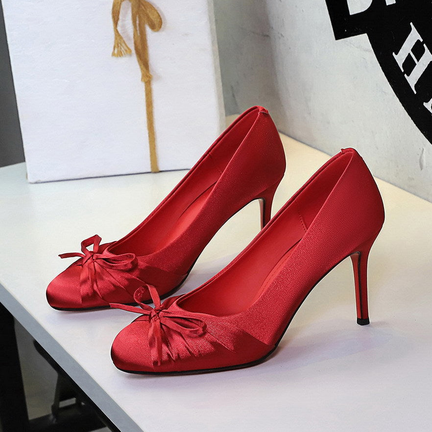 French Elegant Ladies Cocktail round Head Low Cut Bowknot Slip on Satin Stiletto Heels Women  DestGlow