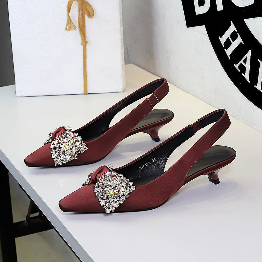 Diamond Big Bow Satin Sexy Back Empty Back Strap Low Heel Not Tired Foot Sandals  DestGlow