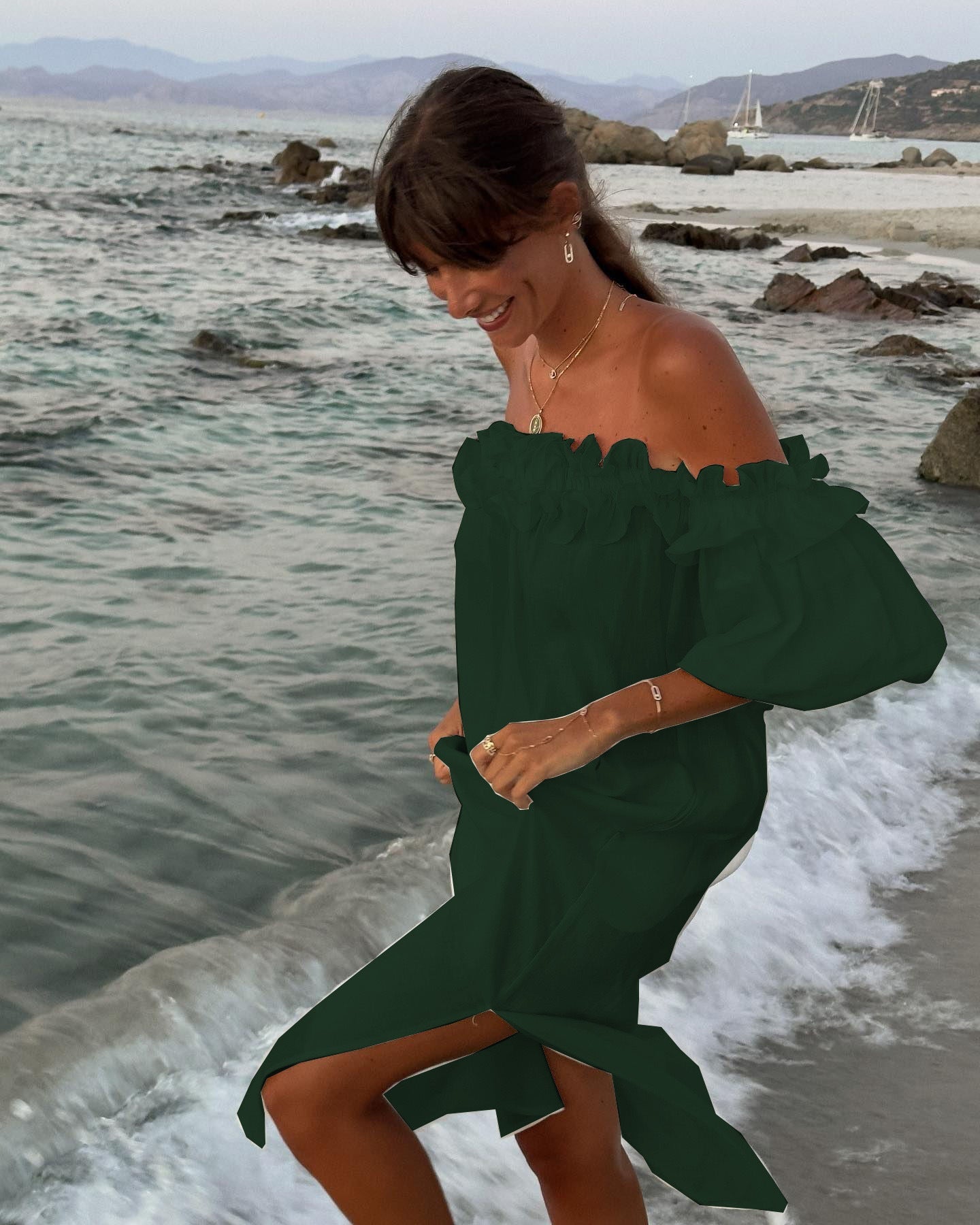Solid Color Cotton Linen Sexy of Neck Split Holiday Dress Women by Ragazza