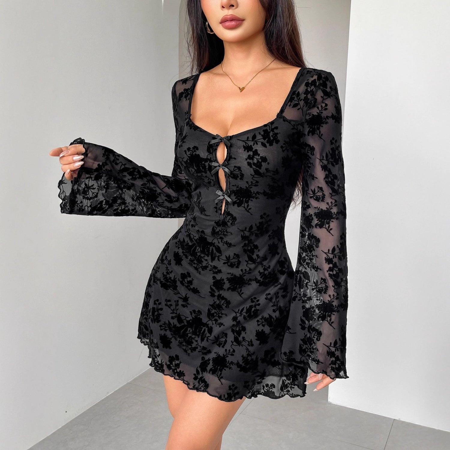 Fall Dress Flocking Long Sleeve Floral Hollow Out Cutout Bow Women Clothing by Ragazza