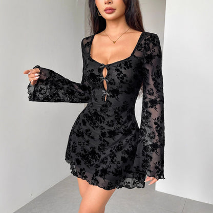 Fall Dress Flocking Long Sleeve Floral Hollow Out Cutout Bow Women Clothing by Ragazza