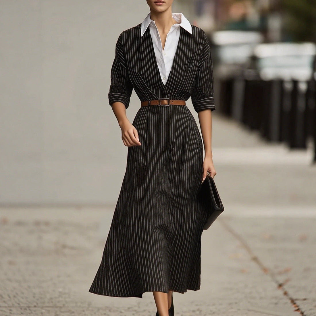 Fall Women Vintage Stripe Shirt Dress Loose Waist Contrast Color Blouse Collar Dress by Ragazza
