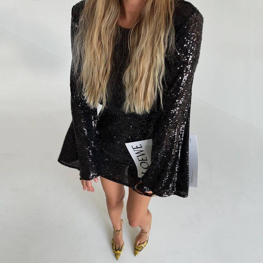Autumn Winter Women Clothing Sequined Flare Sleeve Dress by Ragazza