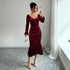 Women Clothing Velvet V neck Dress Autumn Winter Waist Slimming Irregular Asymmetric Fishtail Hip Wrapped Mid Length Dress  DestGlow