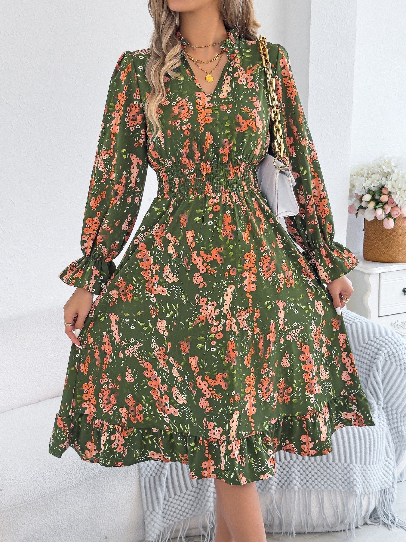 Women Clothing Spring Summer Casual Floral Flared Sleeve Waist A line Dress by Ragazza