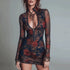 Retro Floral Printed Mesh Turtleneck Long Sleeve Pleated Design Slim Dress  DestGlow