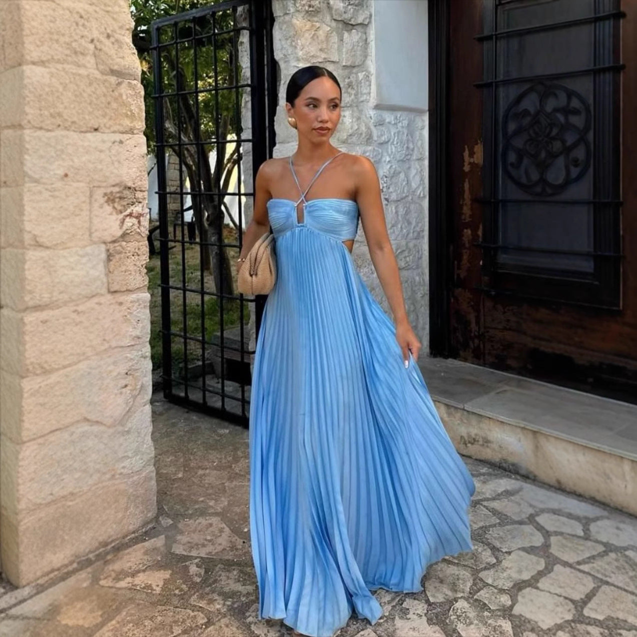 Summer Solid Color Tube Top Pleated Sleeveless Sling Dress by Ragazza