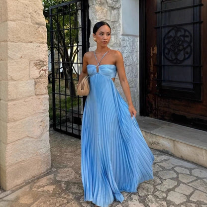 Summer Solid Color Tube Top Pleated Sleeveless Sling Dress by Ragazza