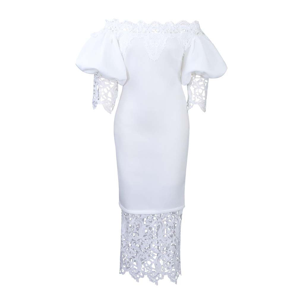 Women Clothes Elegant Lace Stitching Off Neck Dress by Ragazza