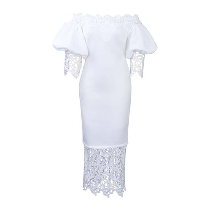Women Clothes Elegant Lace Stitching Off Neck Dress by Ragazza