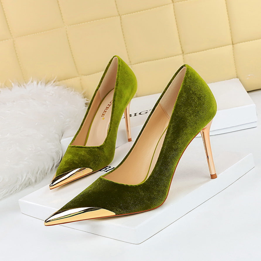 Cocktail Affordable Luxury High Heels Stiletto Heel Metal Pointed Toe Suede Women Thin Shoes  DestGlow