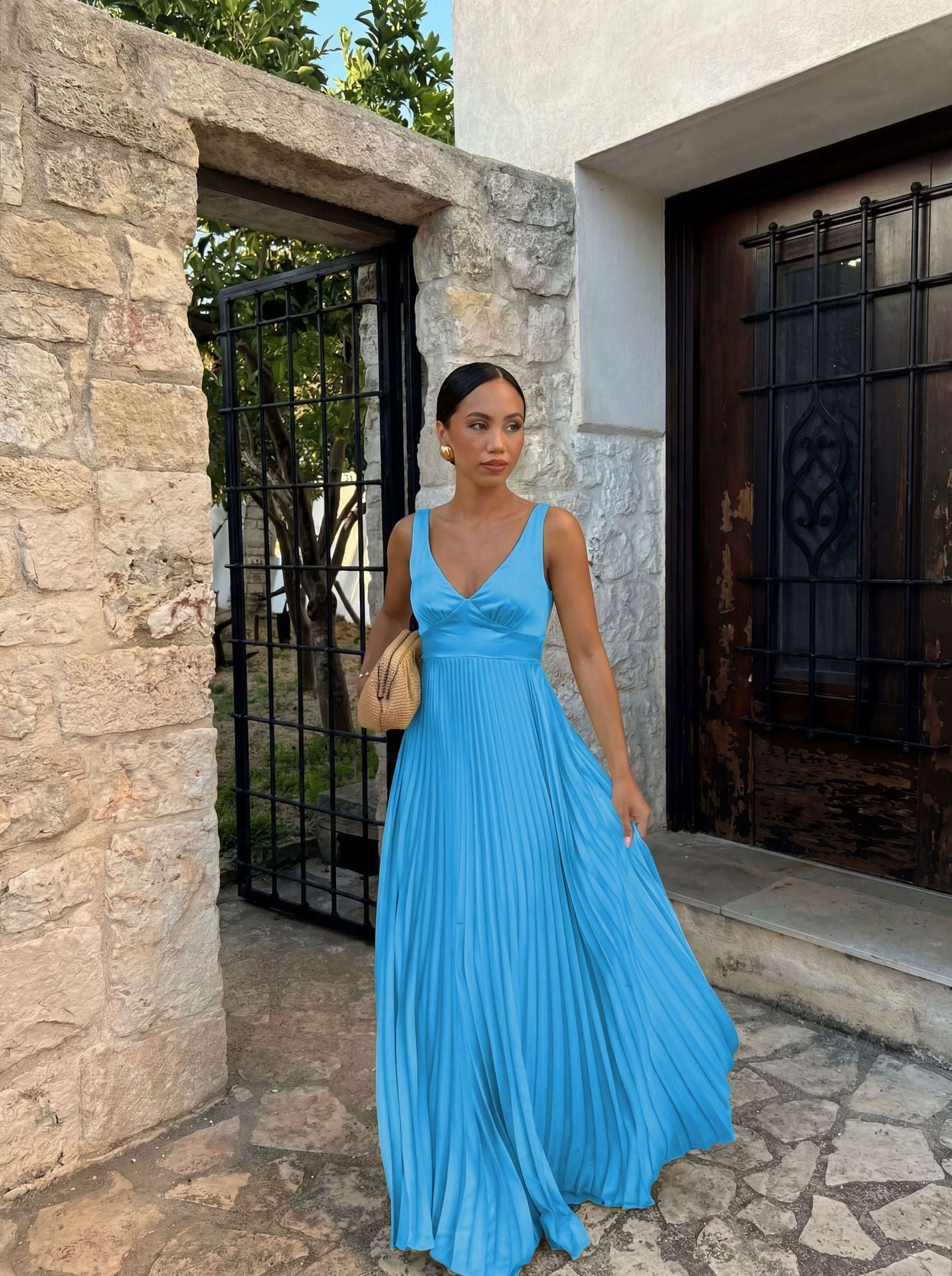Goods Spring Summer Dress Fitted Waist Pleated V neck Brace Solid Color Dress  DestGlow