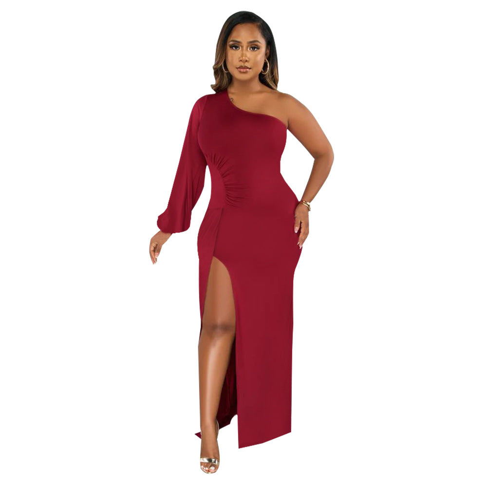 Supply Women Wear One Shoulder Lantern Sleeve Slim Fit Sexy Slit Dress by Ragazza