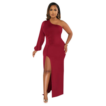 Supply Women Wear One Shoulder Lantern Sleeve Slim Fit Sexy Slit Dress by Ragazza
