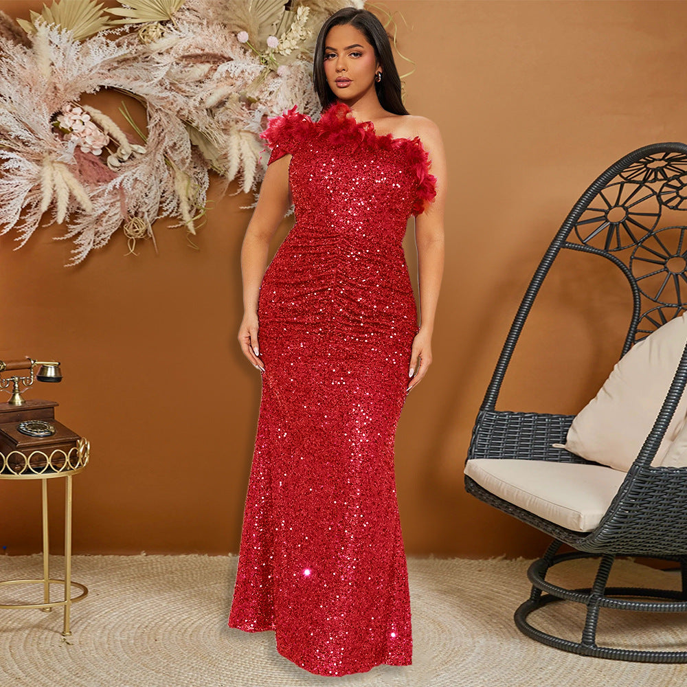 Black Paillette Feather Stitching Sequin Sexy Evening Dress Maxi Dress for Women by Ragazza