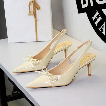 Bowknot Decorative Pointed Shallow Mouth Patent Leather Rear Empty Back Strap Stiletto Sandals  DestGlow