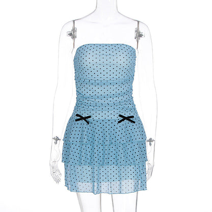 Summer Women Clothing Sexy Polka Dot Bandeau Slim Fit Ruffled Sheath Dress by Ragazza