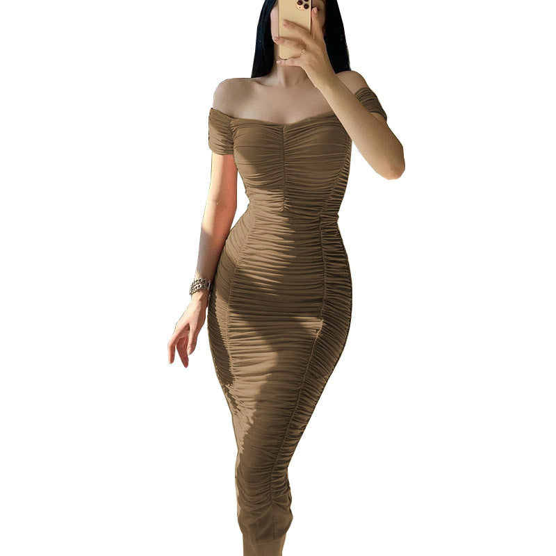 Solid Color Dress Elegant Summer Women Clothing off-Shoulder Pleated Dress by Ragazza