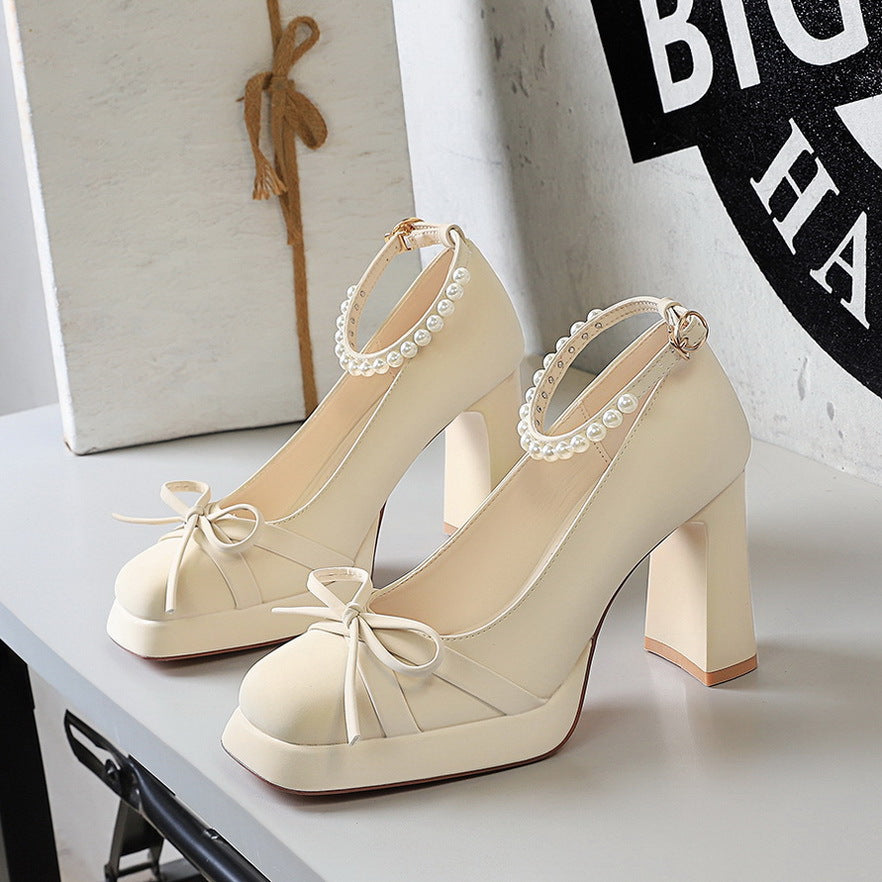 French Bow Waterproof Platform Thick Heel High Heels Women Square Toe Shallow Mouth Pearl Ankle Strap Shoes Women  DestGlow