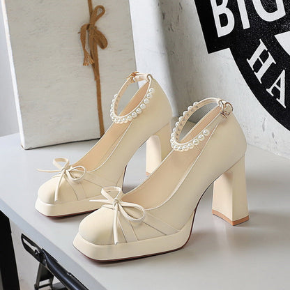French Bow Waterproof Platform Thick Heel High Heels Women Square Toe Shallow Mouth Pearl Ankle Strap Shoes Women  DestGlow