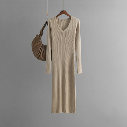 Autumn Winter V neck Knitted Dress Outer Wear Straight Slimming Long Sleeve Sunken Stripe Slit Base Overknee Sweater Dress by Ragazza