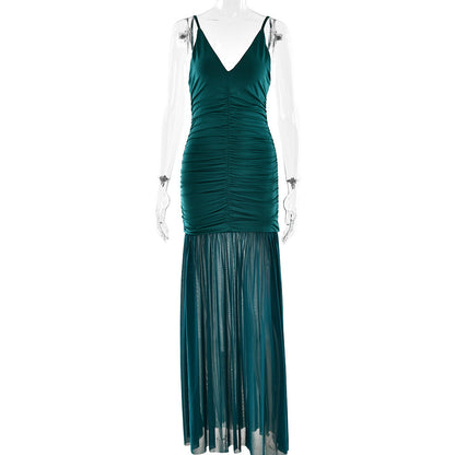 Elegant Straps Tulle Dress Sexy Deep V Plunge Pleated Stitched Backless Maxi Dress by Ragazza