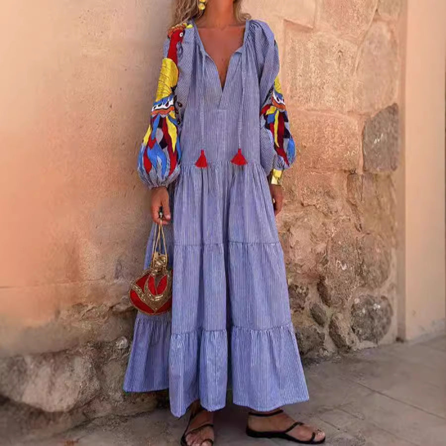 Autumn Long Sleeve Arrival V neck Lantern Sleeve Striped Printed Dress by Ragazza