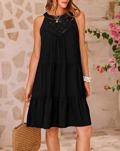 Women Clothing Popular Hollow Out Cutout Lace Stitching Halter A line Dress by Ragazza