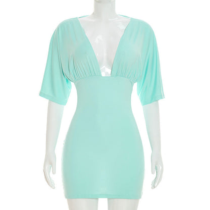 Women Clothing Summer Solid Color V neck Pleated Half Sleeve Slim Sheath Dress Women  DestGlow