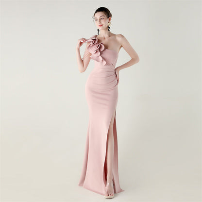 One Shoulder Craft Beading Wave Floral Satin High Slit Sexy Evening Dress Dinner Party Wedding Social by Ragazza