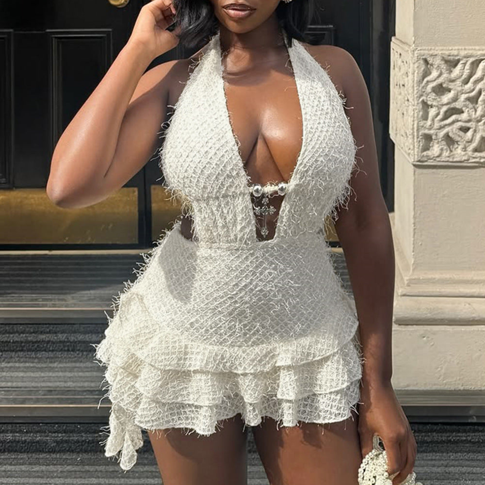 Women Clothing Dress V neck Hollow Out Cutout Pettiskirt Neck Strap Backless Fine Wool Dress by Ragazza