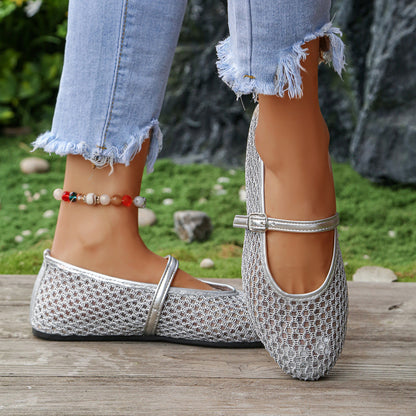 Fishnet Hollow Out Cutout out Ballet Shoes Women Summer Flat Belt Buckle Breathable Shoes  DestGlow