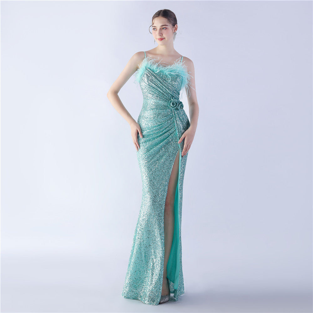 Ostrich Hair Craft Floral Wedding Annual Meeting High End Evening Dress by Ragazza