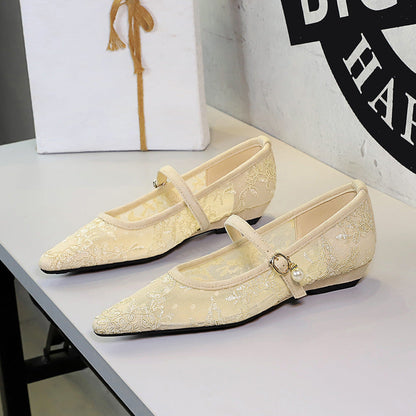 Pearl Decoration Ankle Strap Buckle Pointed Toe Shallow Mouth Low Heel Lace Screen Pumps  DestGlow