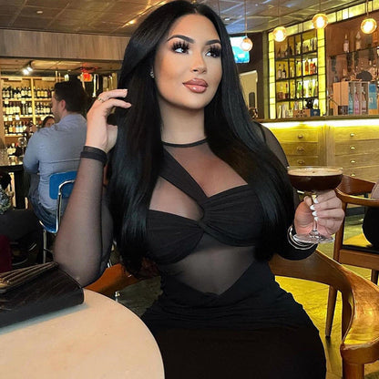 Women Clothing round Neck Mesh Stitching Long Sleeves Mid Length Tight Dress by Ragazza