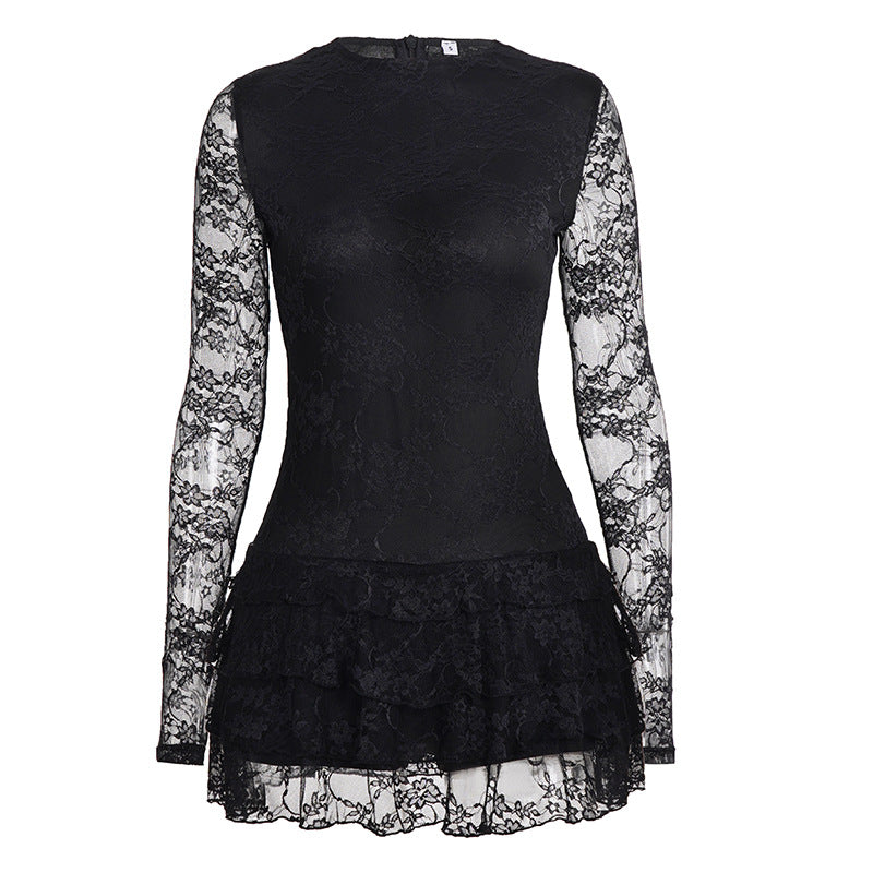 Women Dark Sexy Tight Long Sleeve See through Lace Tiered Dress round Neck Waist Trimming A line Dress by Ragazza