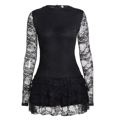 Women Dark Sexy Tight Long Sleeve See through Lace Tiered Dress round Neck Waist Trimming A line Dress by Ragazza